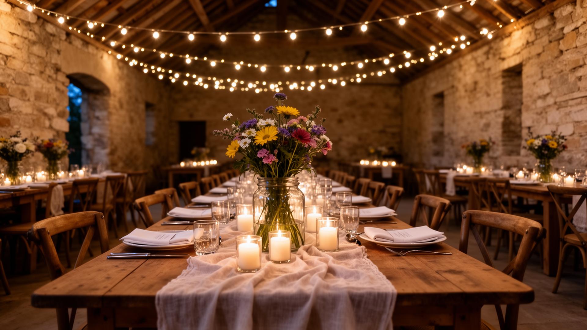 Restored stone barn set for a long candlelit farm dinner